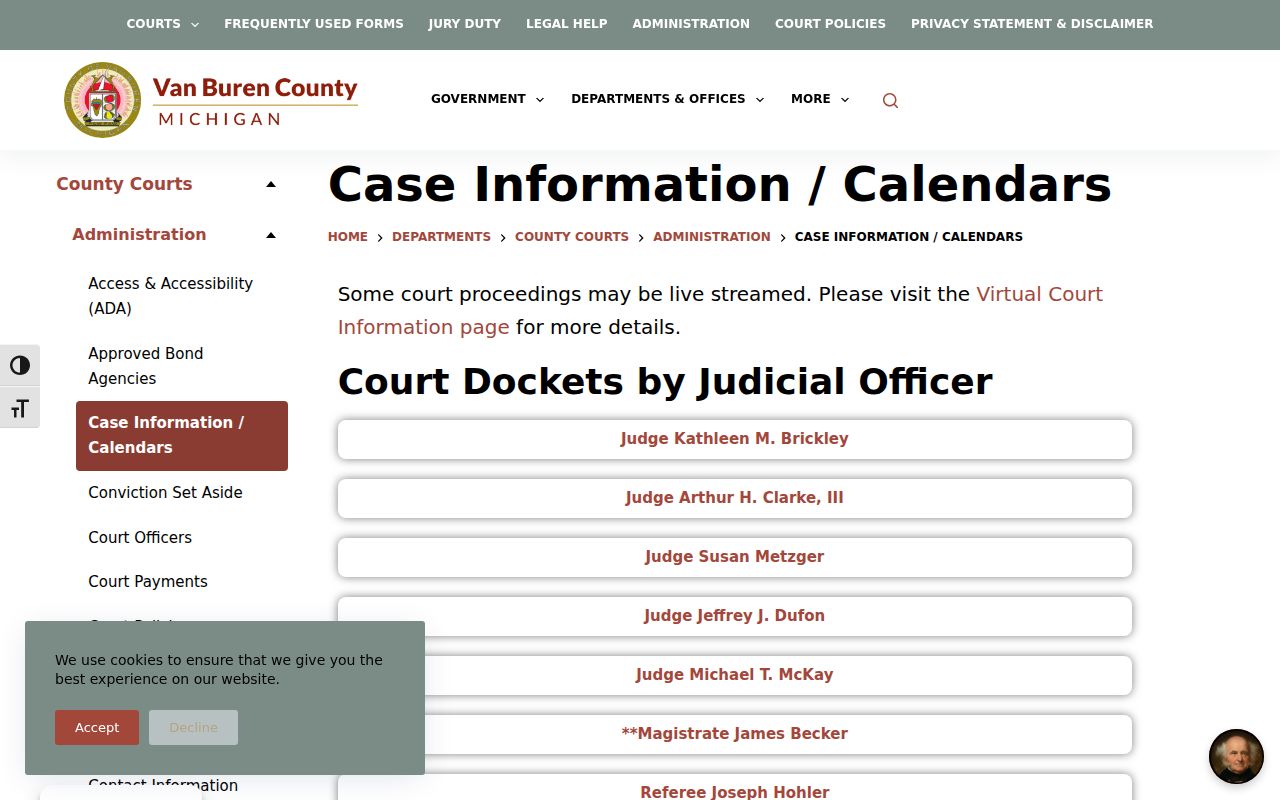 Van Buren County case information and calendar page for warrant searches
