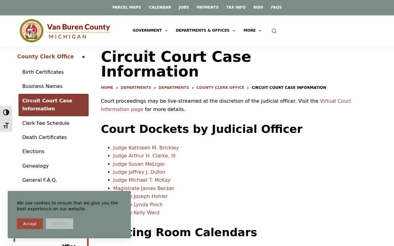 Van Buren County circuit clerk case information page for warrant checks