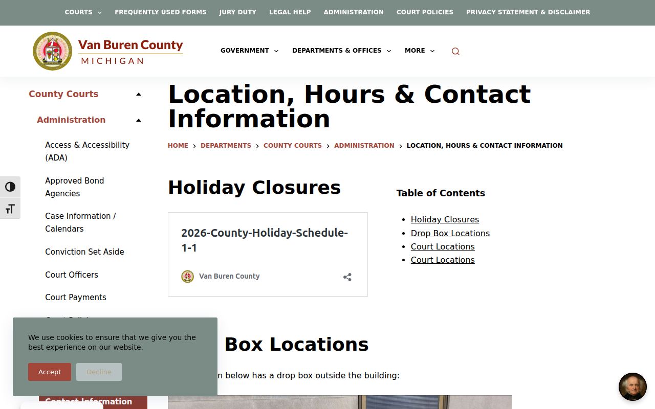 Van Buren County court locations and hours page for warrant check calls