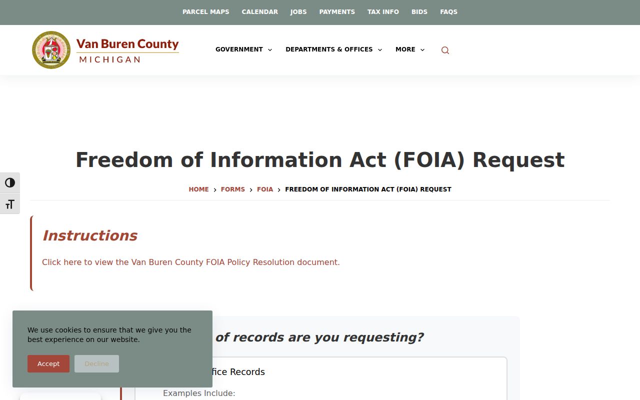 Van Buren County FOIA request page for public warrant related records