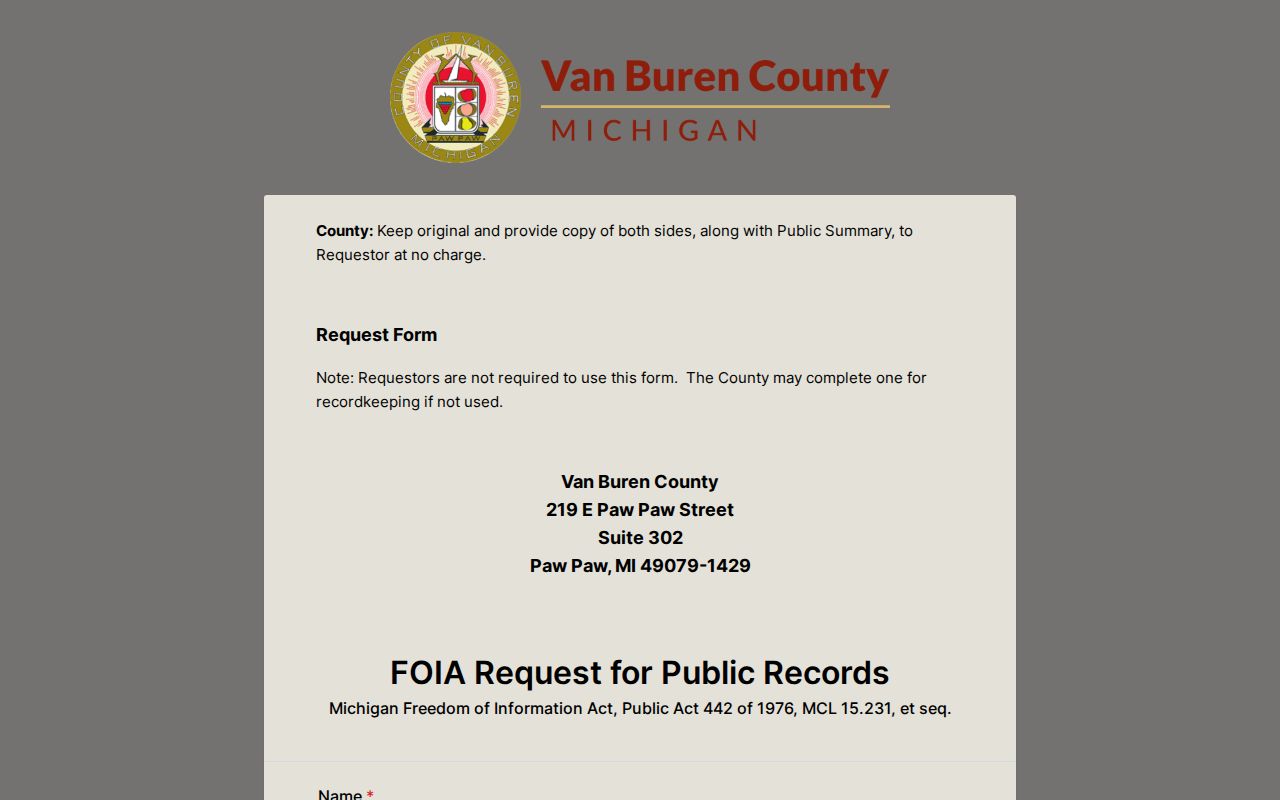 Van Buren County general FOIA form used to request warrant related records