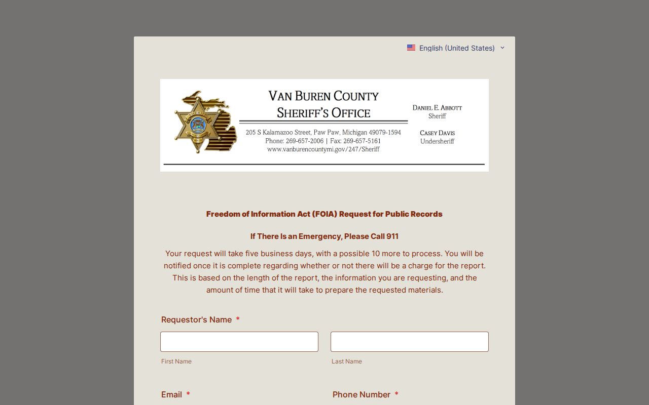 Van Buren County Sheriff records request form for warrant and incident records