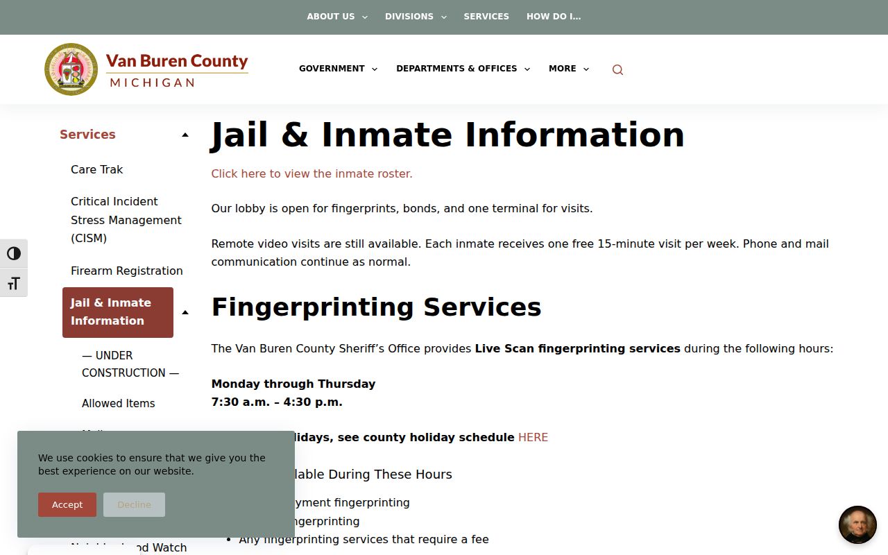 Van Buren County Sheriff jail page distinct from active warrant records