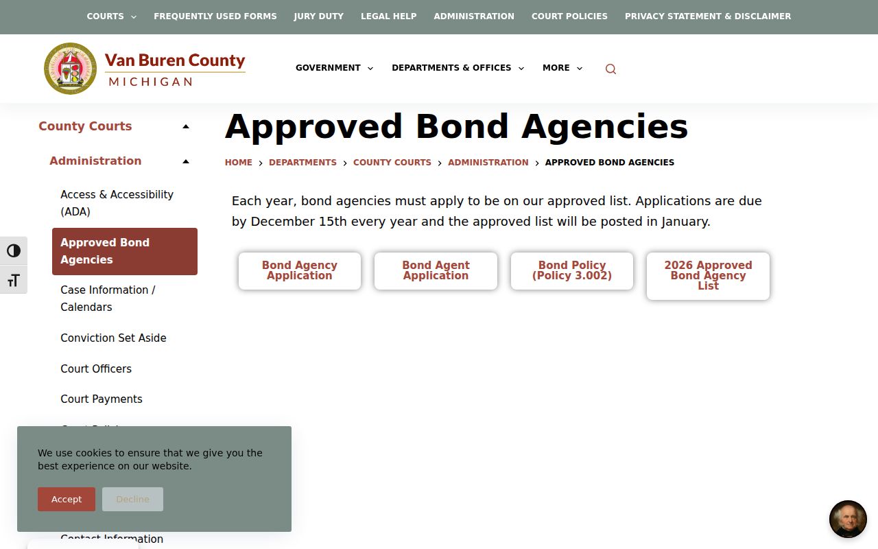 Van Buren County approved bond agency list for municipal warrant and city court cases