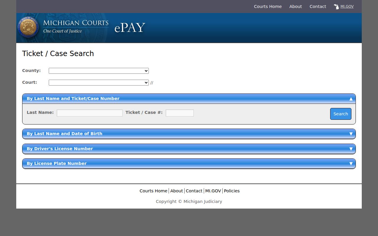 Michigan ePAY ticket search fields used for Van Buren County traffic warrant checks