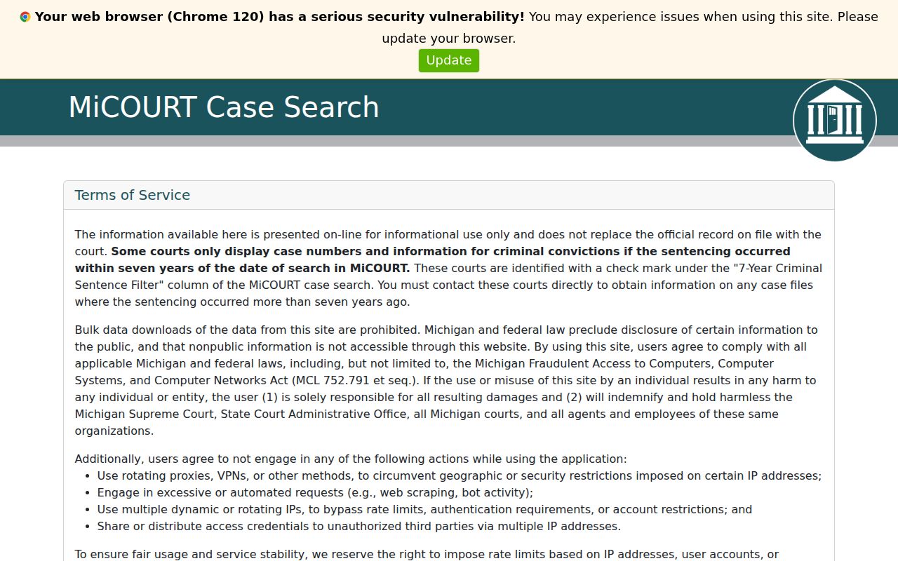 MiCOURT case search page used for Van Buren County warrant searches