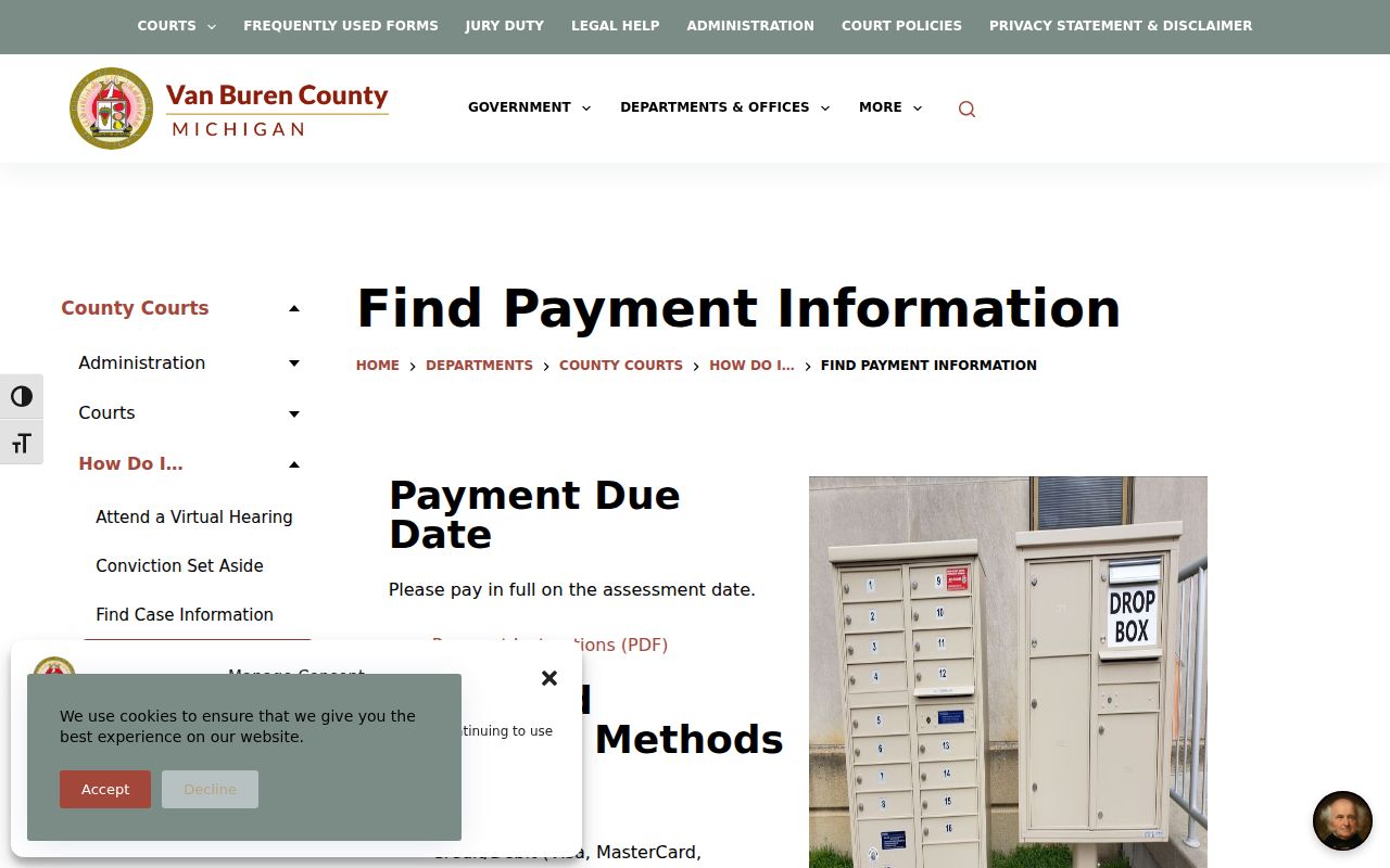 Van Buren County District Court payment location code page for traffic warrant payments
