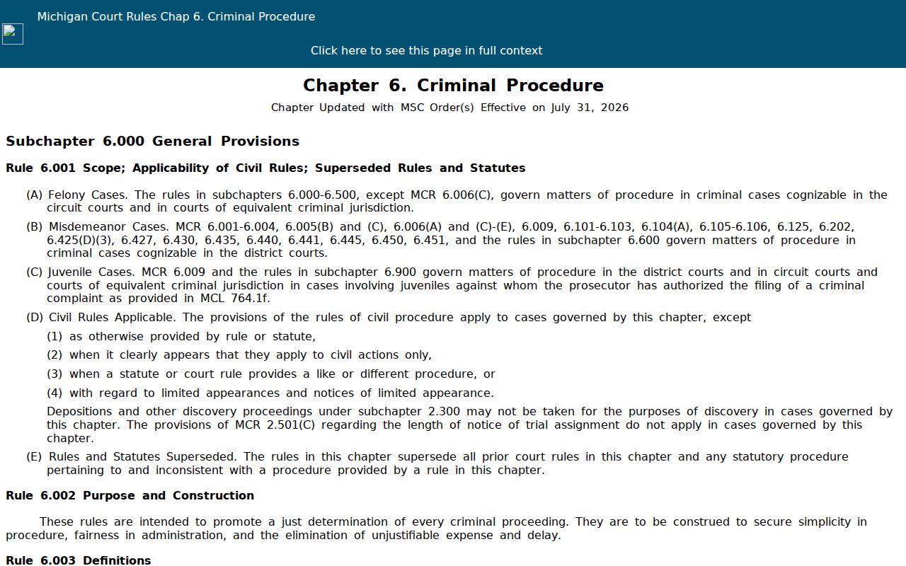 Michigan Court Rules Chapter 6 page on Van Buren County bench warrant rules