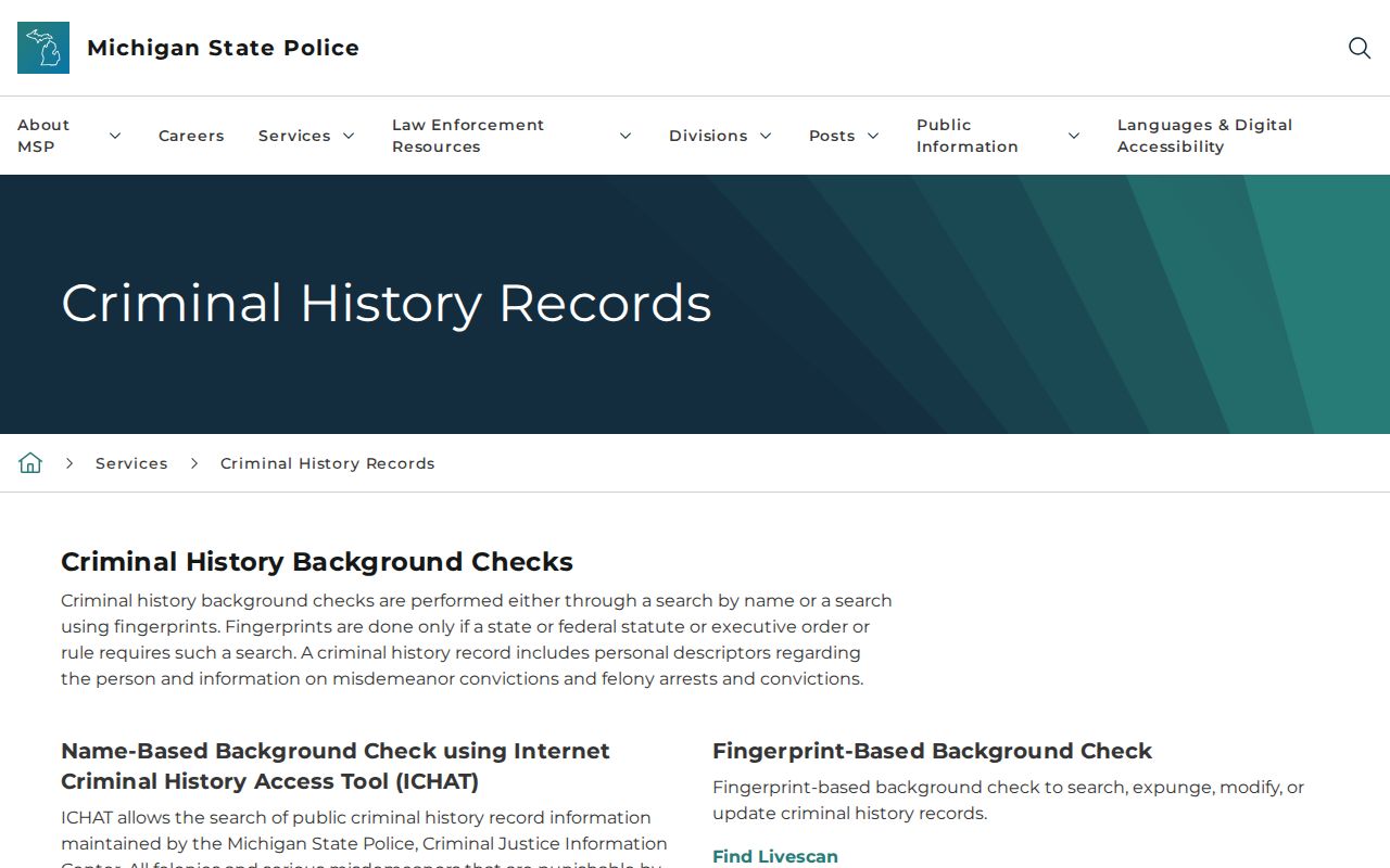 State Police ICHAT page noting warrant limits for Van Buren County checks