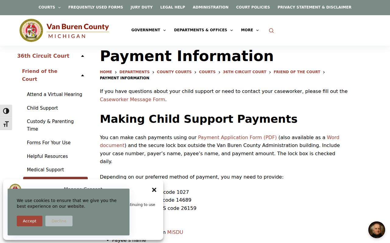 Van Buren County court payment page for fines linked to bench warrants