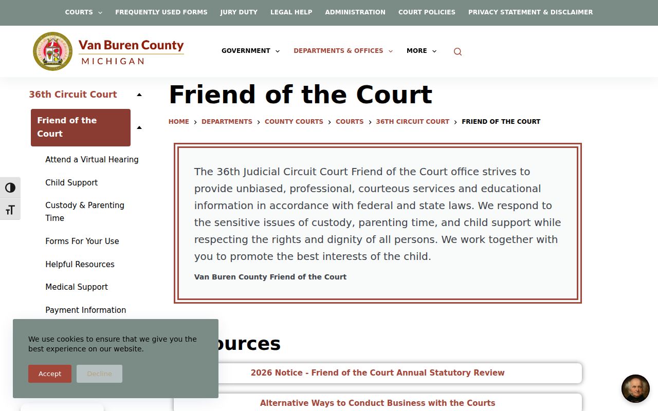 Van Buren County Friend of the Court page for child support bench warrant questions