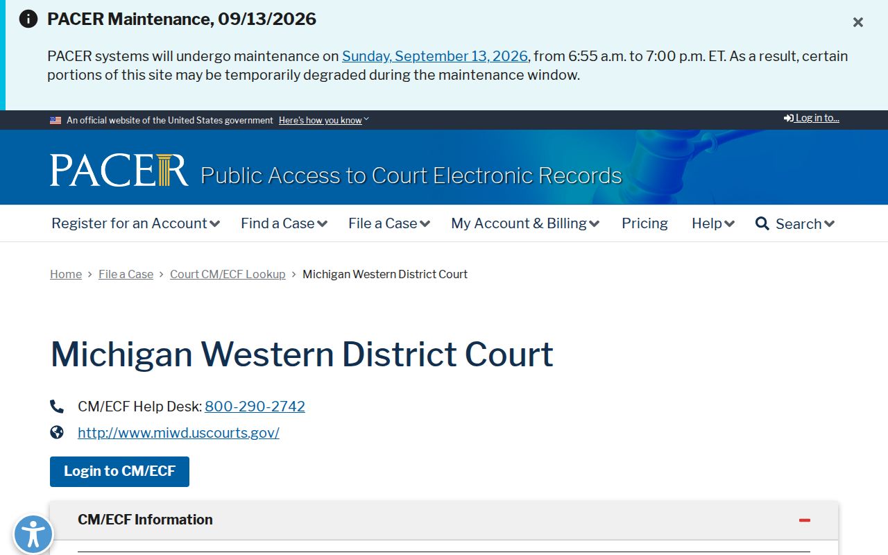 PACER Western District of Michigan docket lookup for federal warrants