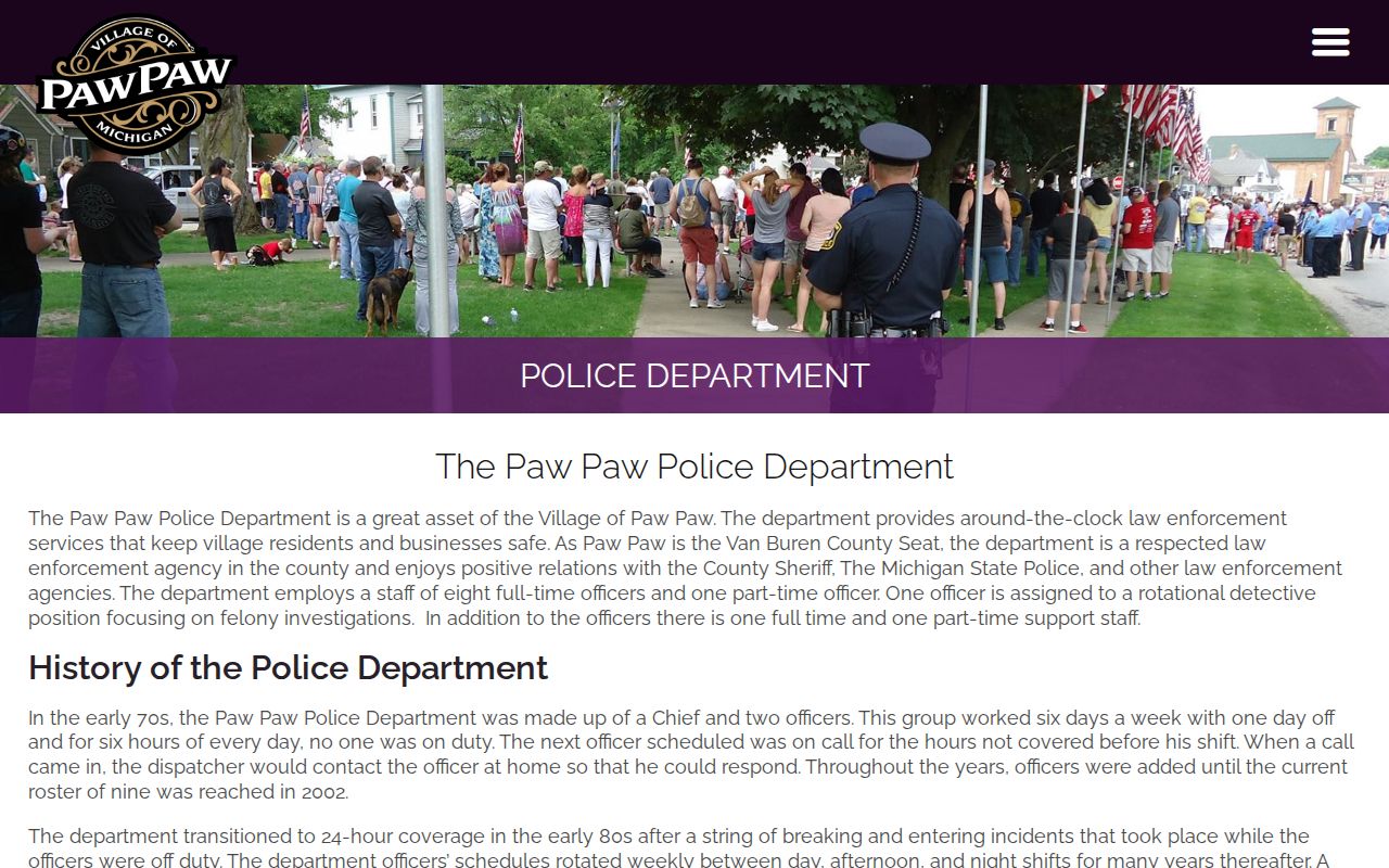 Paw Paw police department page for village warrant and report questions