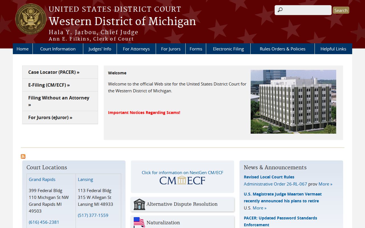 Western District of Michigan federal court page for Van Buren County arrest warrant questions