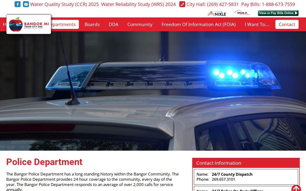 Bangor police department page showing city contacts for warrant record questions
