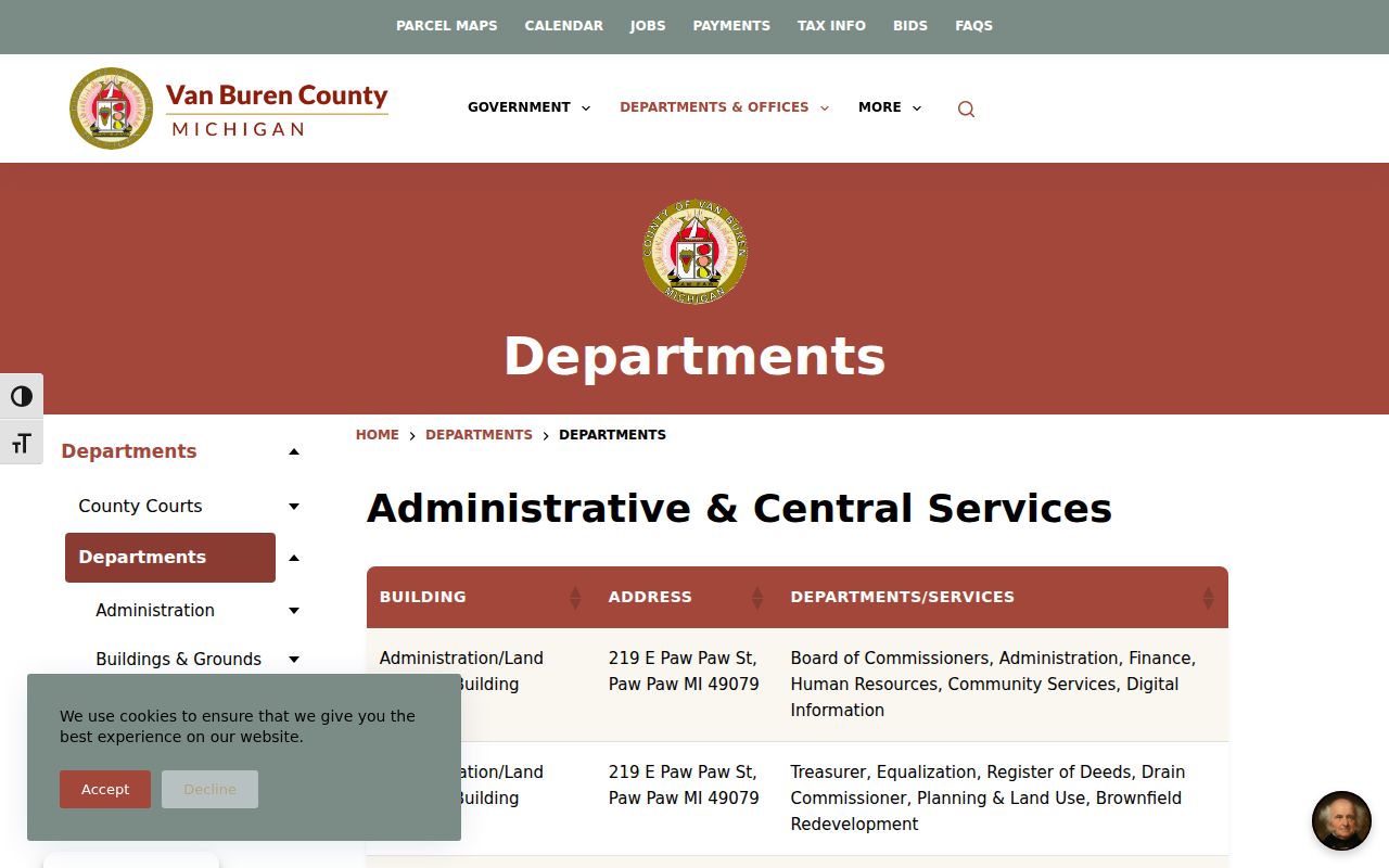 Van Buren County building map for warrant records counters in Paw Paw