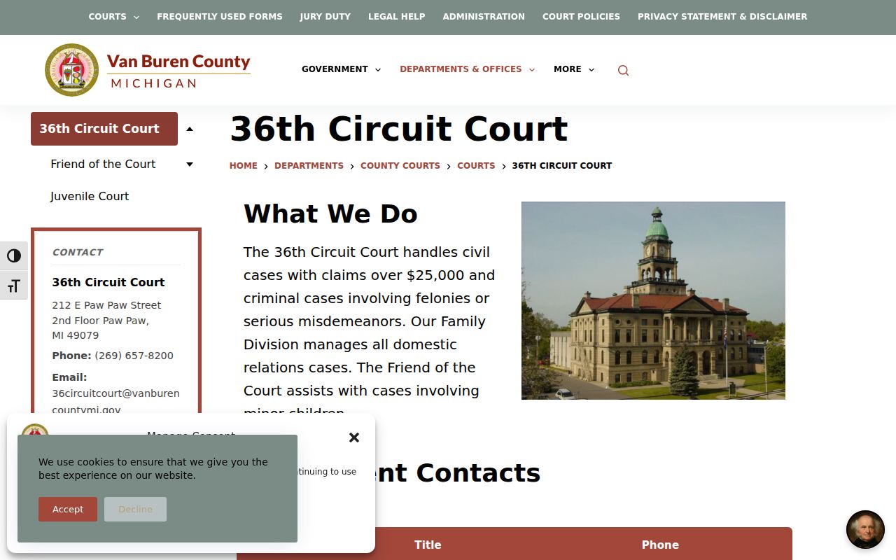 36th Circuit Court page for felony warrant records in Van Buren County