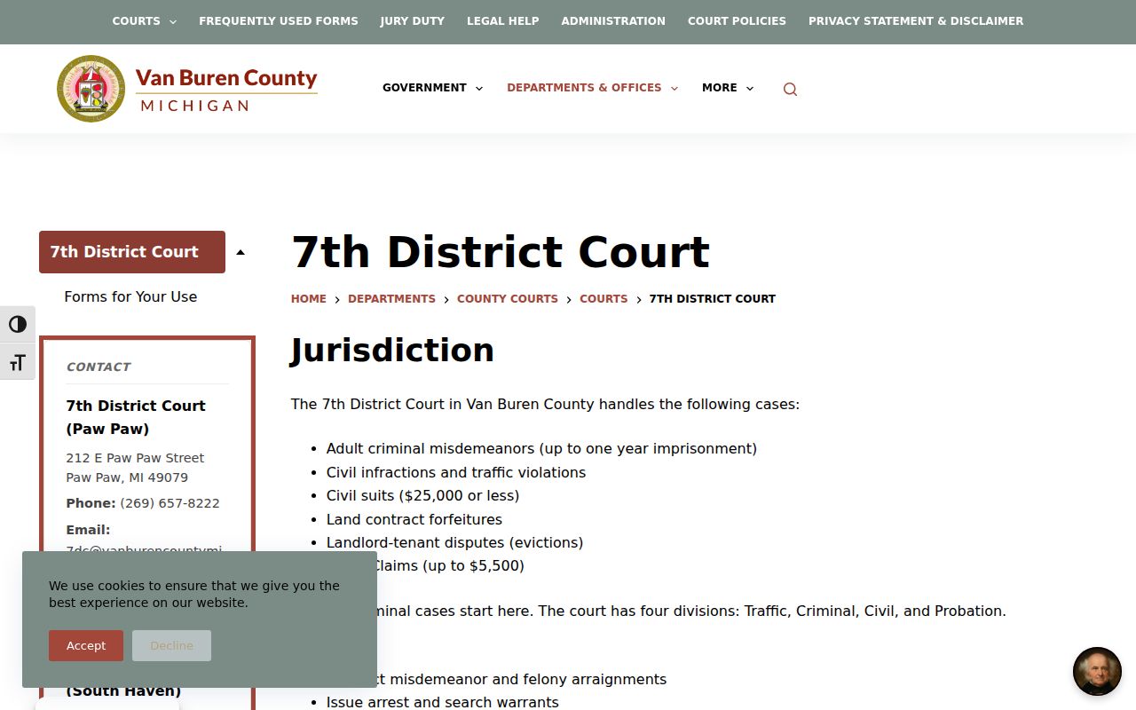 7th District Court page showing Van Buren County warrant and bail authority